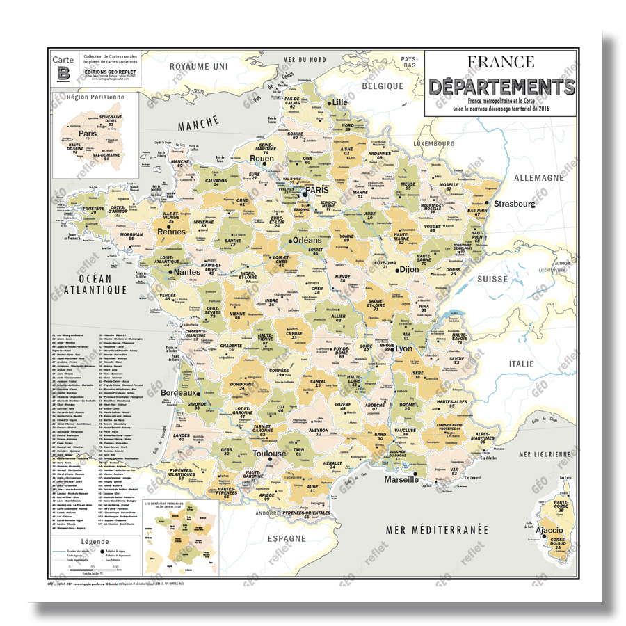 Carte de France Relief et hydrographie - Affiche 60x80cm - Boutique