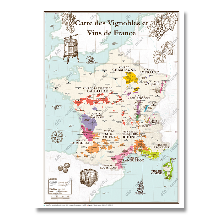 Carte des vignobles de France - Imprimée et éditée en Bretagne - La carte  française